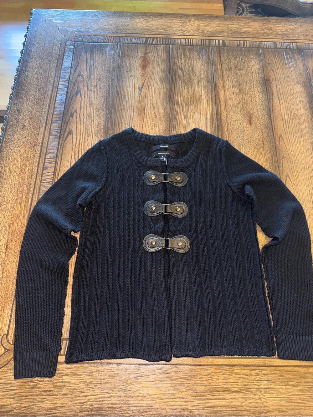 Tahari Black Ribbed Toggle-Front Cardigan